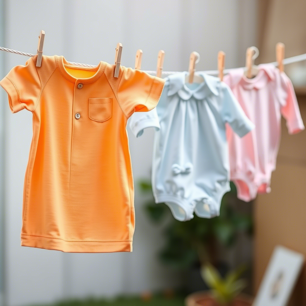Pastel colored baby clothes hanging on a clothesline