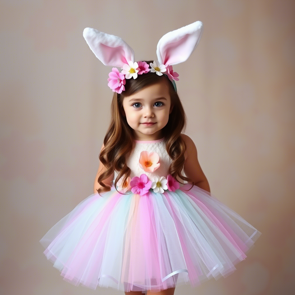 Pastel-colored tutu dress with bunny ears headband and flowers