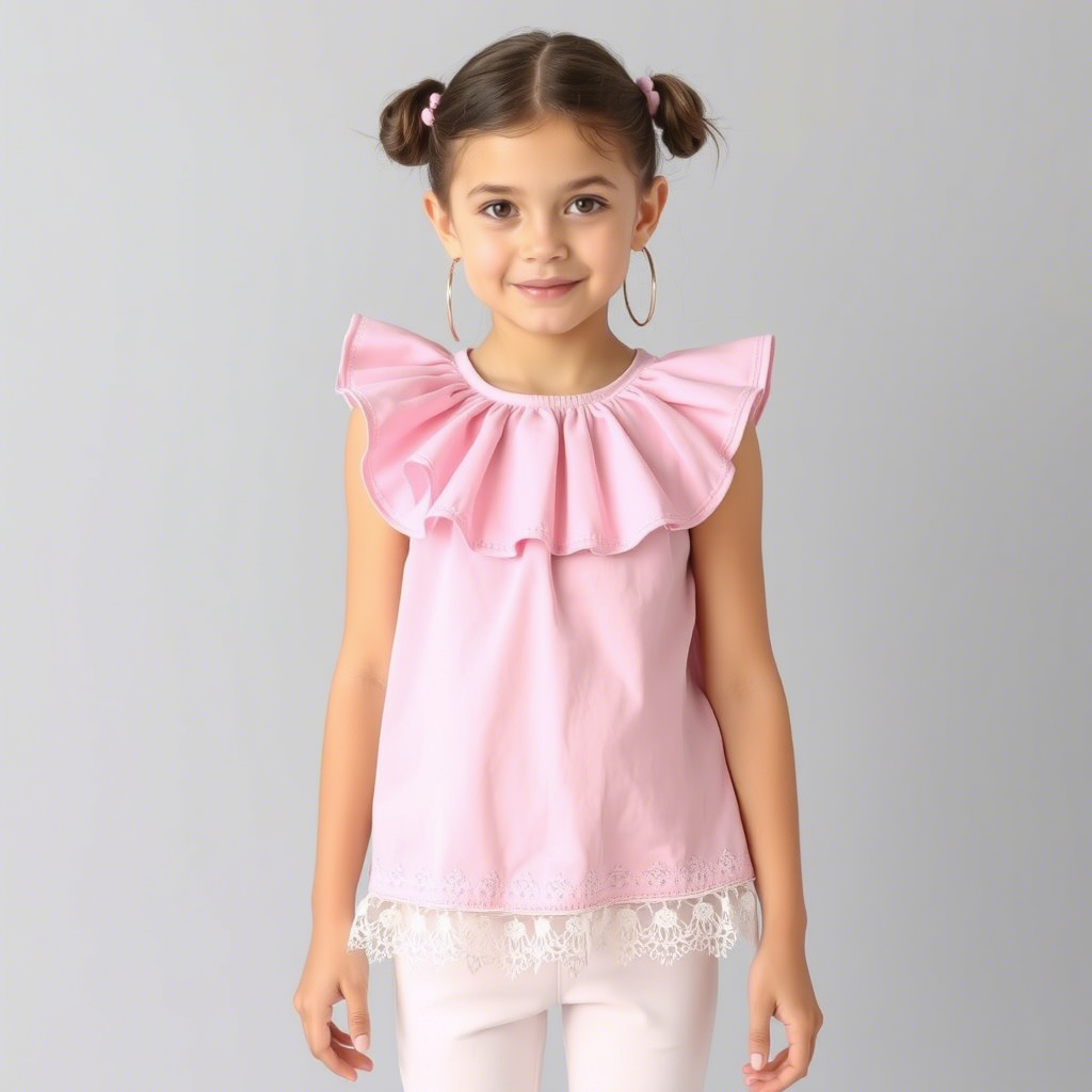 Pastel pink top with ruffles and lace trim for young fashionistas