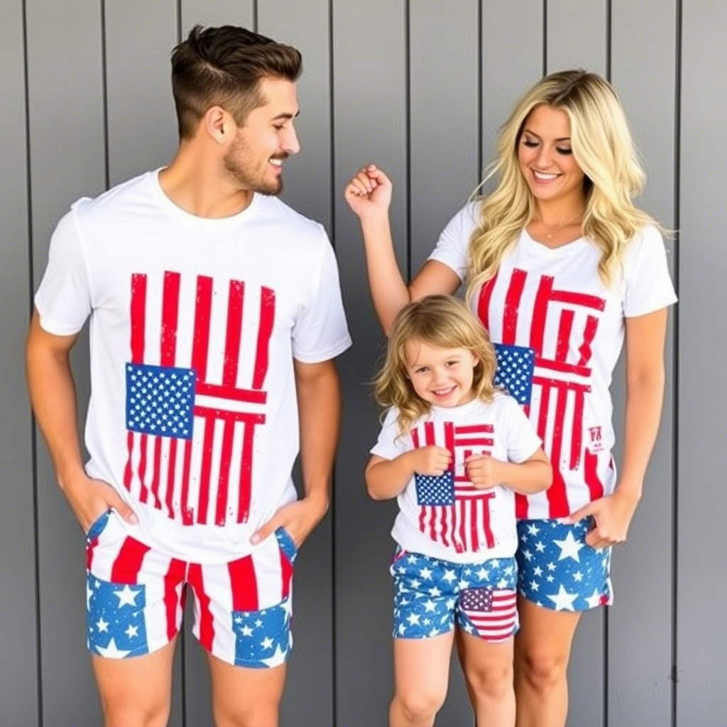 Patriotic family matching t-shirts and shorts with American flag designs for 4th of July
