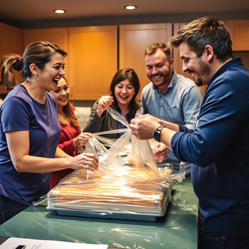 People laughing and competing to unwrap layers of Saran Wrap