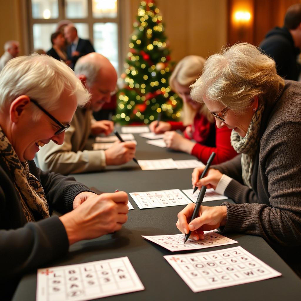 Players marking off festive words on their bingo cards with excitement