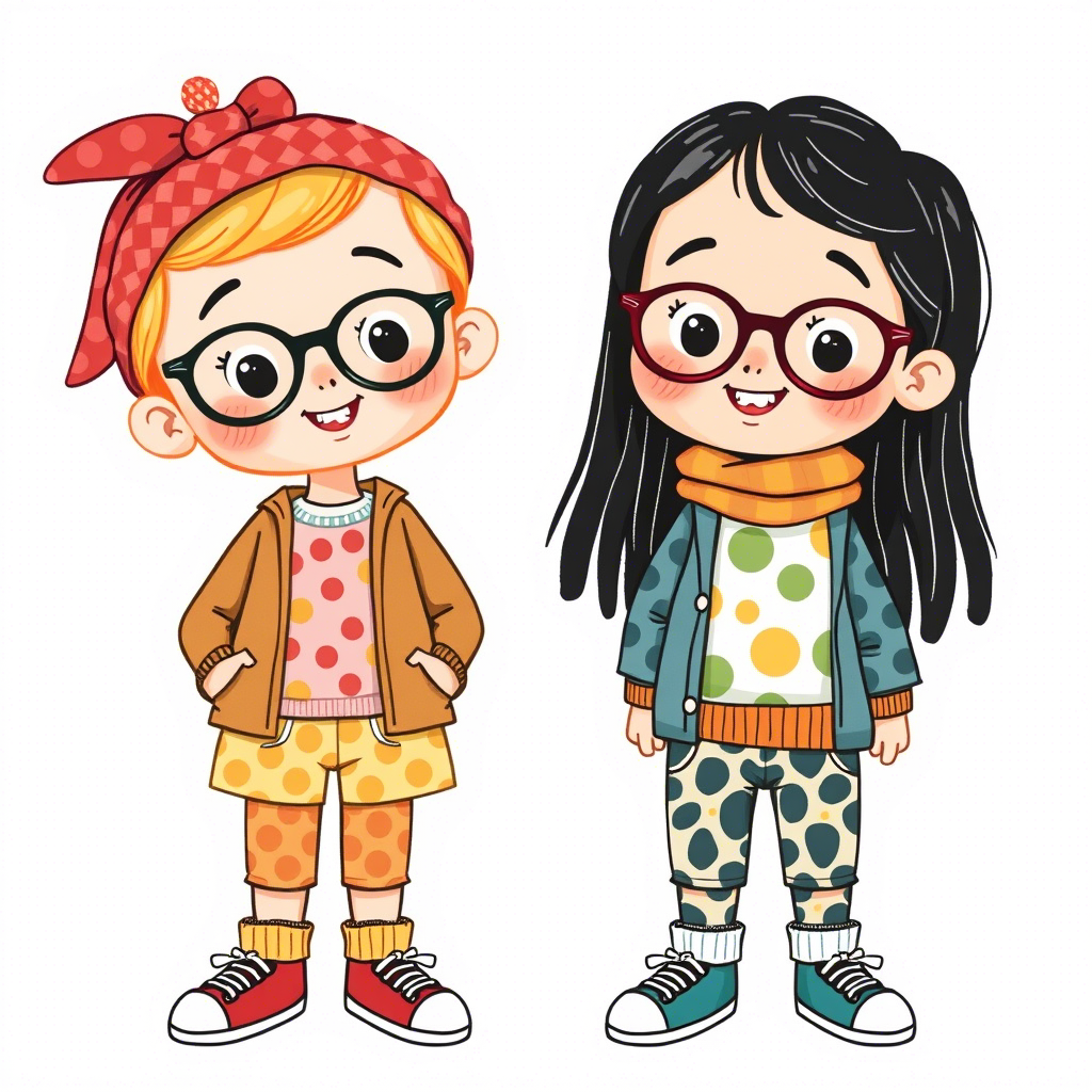Playful illustrations of kids wearing mixed patterned clothing