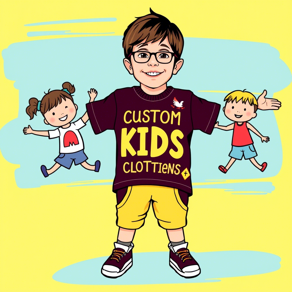 Playful illustrations on custom kids’ clothing with bright backgrounds
