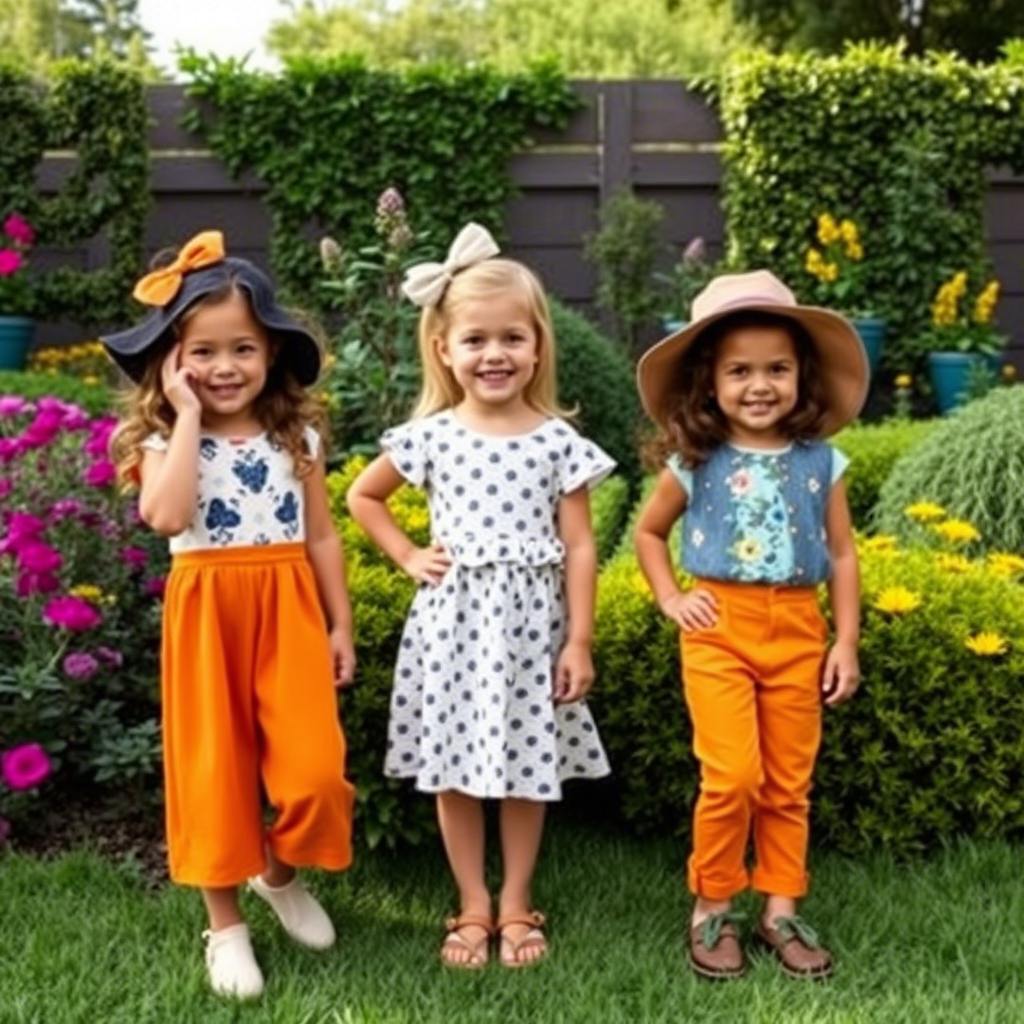 Playful kids modeling stylish outfits in a garden