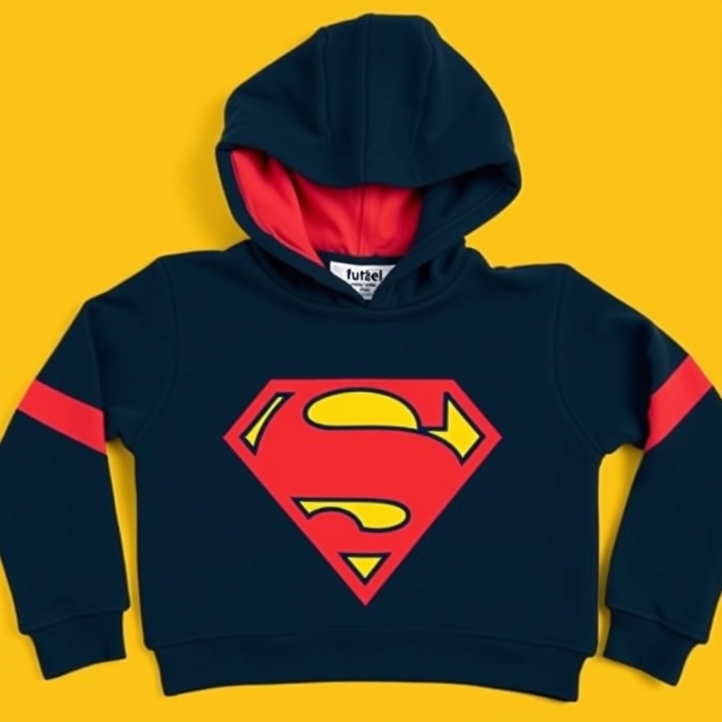 Playful superhero logos on bespoke kids’ apparel manufactured in USA