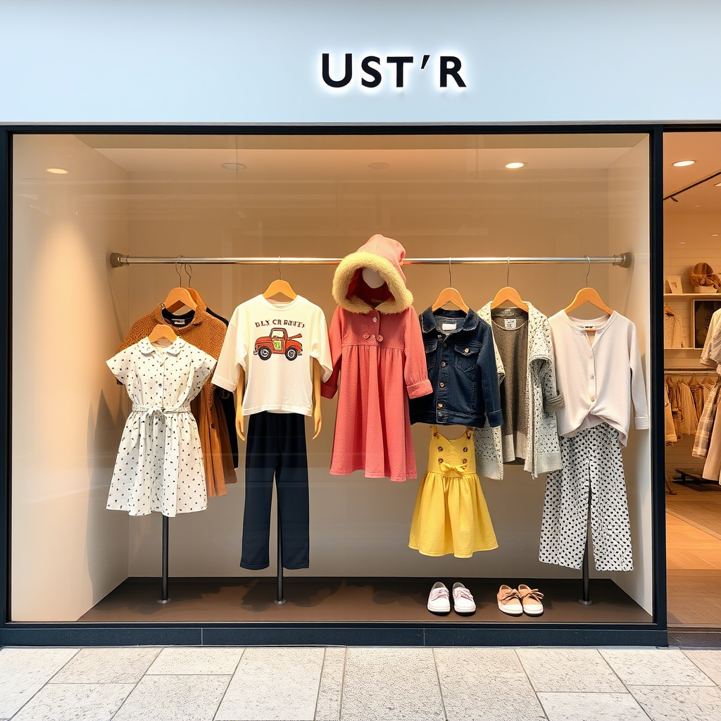 “Premium toddler outfits displayed on a minimalist US storefront”