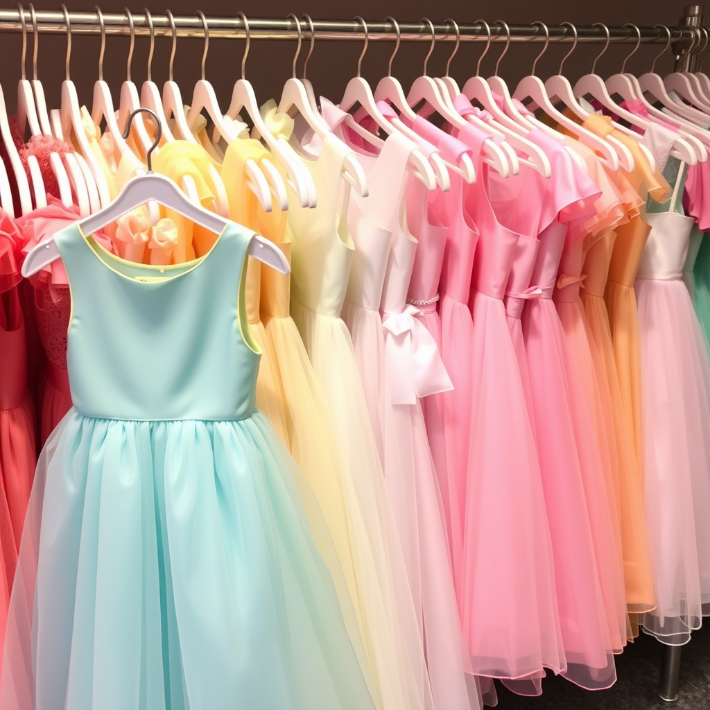 Racks of assorted girls party dresses in various pastel colors