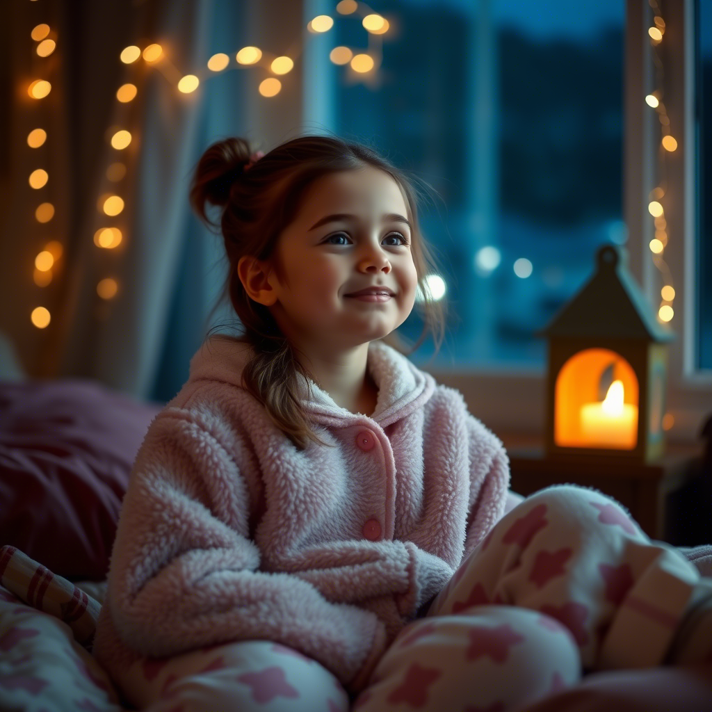 Relaxed girl in fuzzy pajamas enjoying a peaceful night in