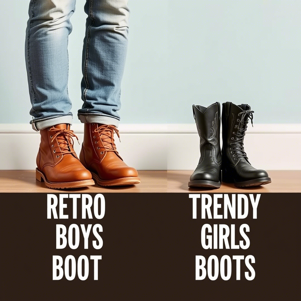 Retro boys boots next to trendy girls boots