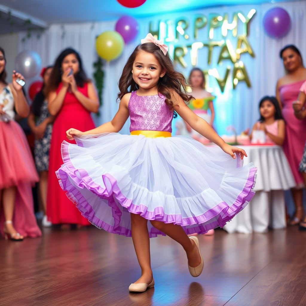 Ruffled layered skirt on a smiling girl twirling at a birthday celebration