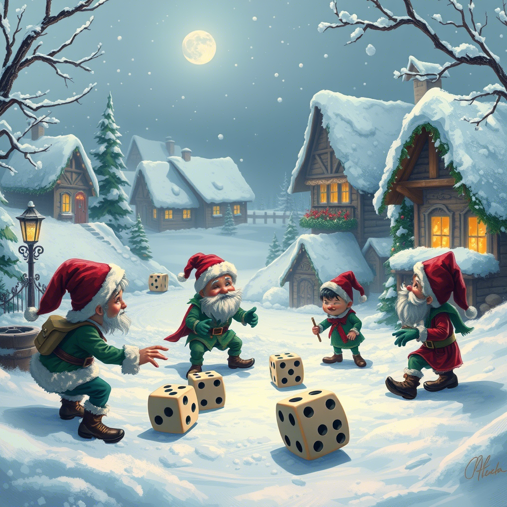 Santa Claus rolling dice with elves in a snowy Christmas village scene