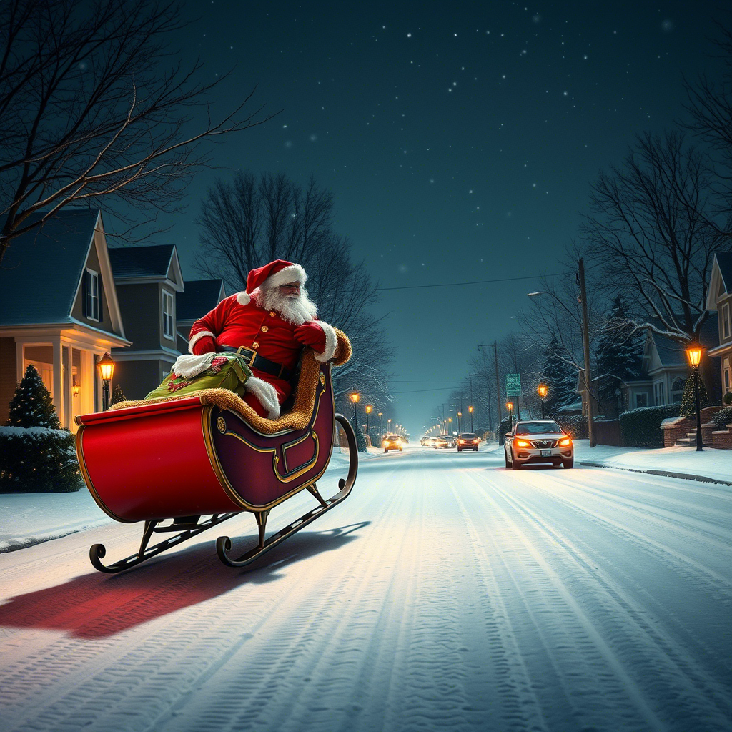 Santa’s sleigh landing on a snowy suburban street at night