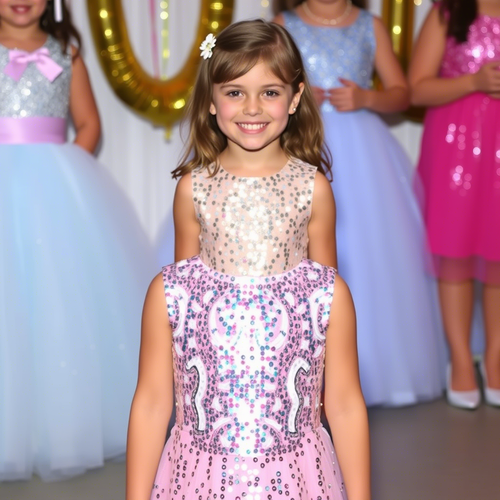 Sequin dress shining on a smiling girl at a children’s celebration