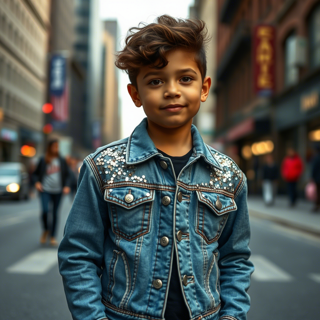 Sequined denim jacket on a kid posing in a city street