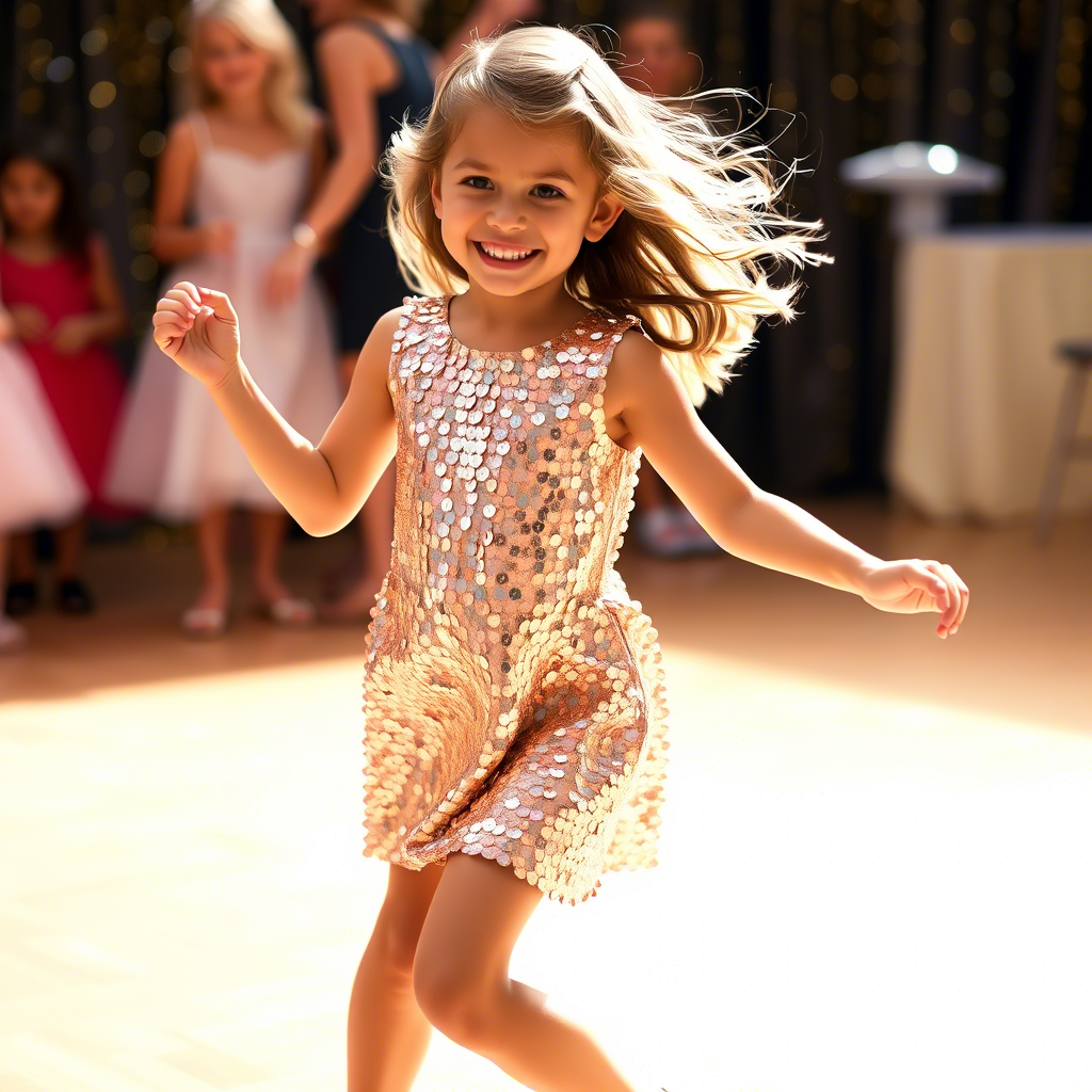 Sequined dress on a happy dancing young girl