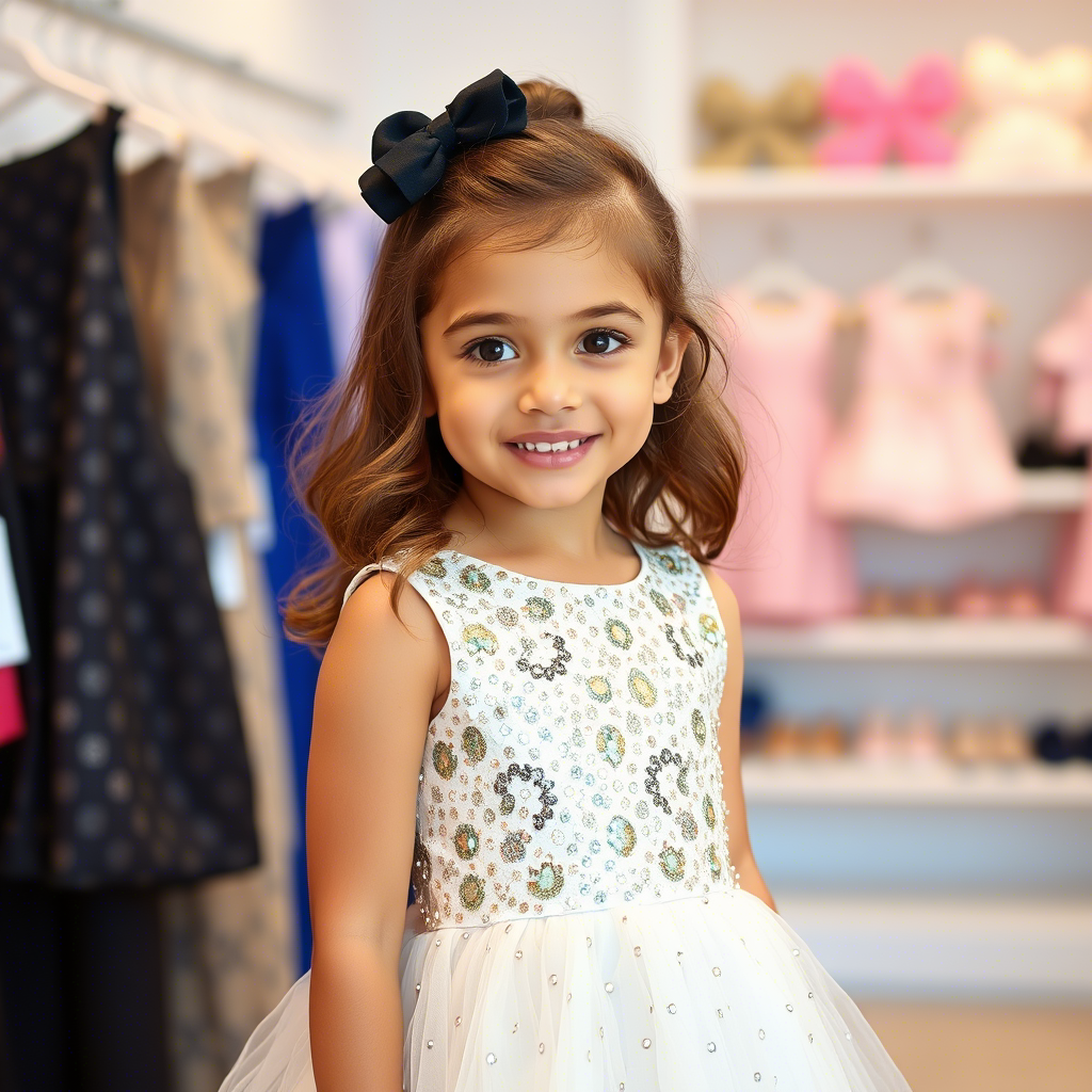 Sequined dress on a young girl model, showcasing kids’ fashion clothing store