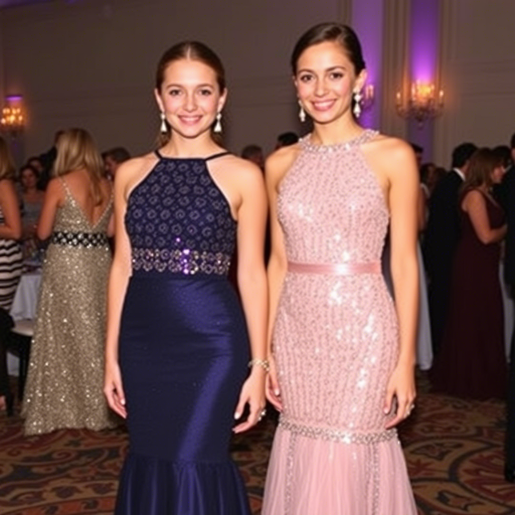 Sequined evening gowns on two young women at a formal gala