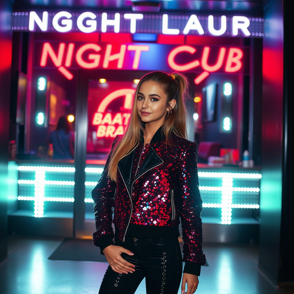 Sequined jacket-clad girl posing at a nightclub entrance