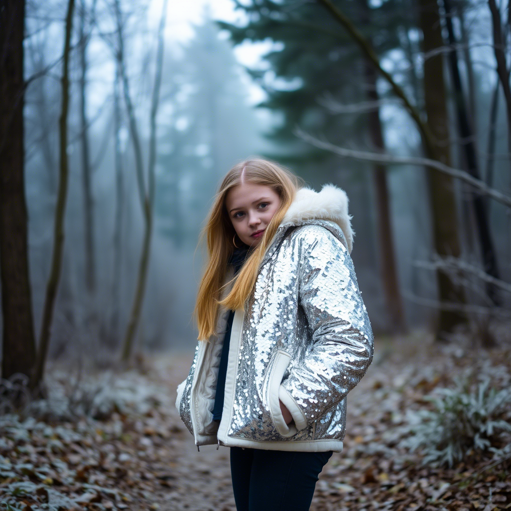 Sequined jacket-clad girl standing in frosty forest atmosphere
