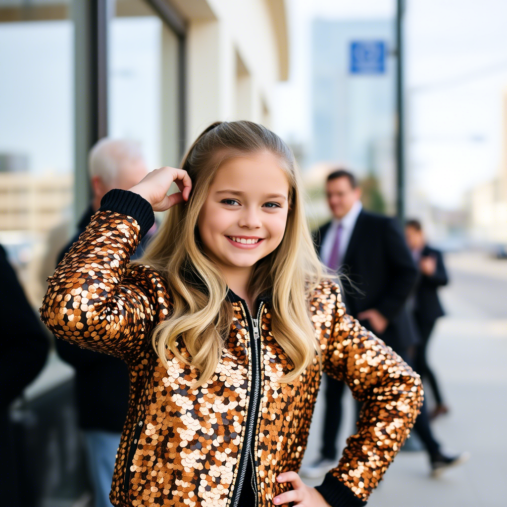 Sequined jacket girl posing with confident smile outside