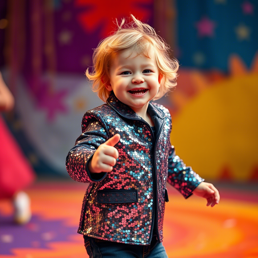 Sequined jacket on a happy child, dancing in a colorful background