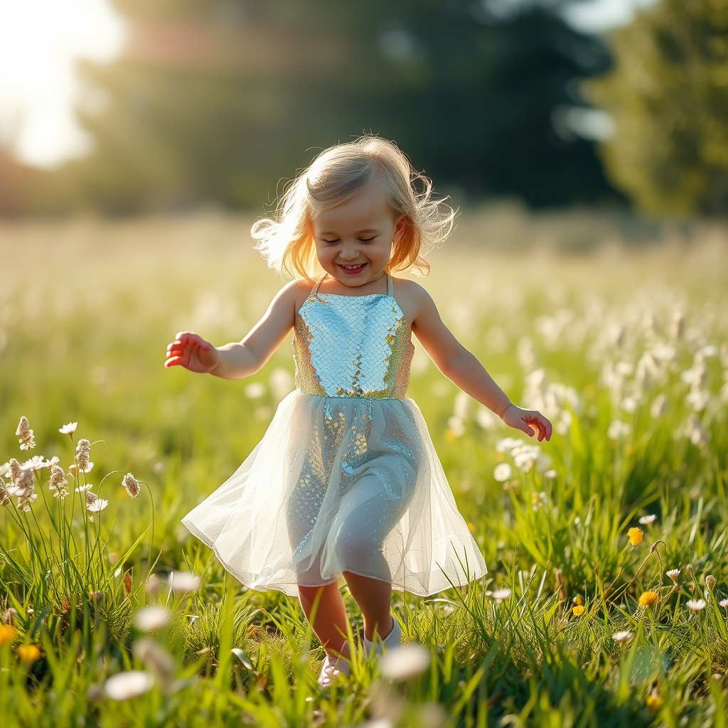 Sequined skirt shining on happy child, dancing in sunny meadow