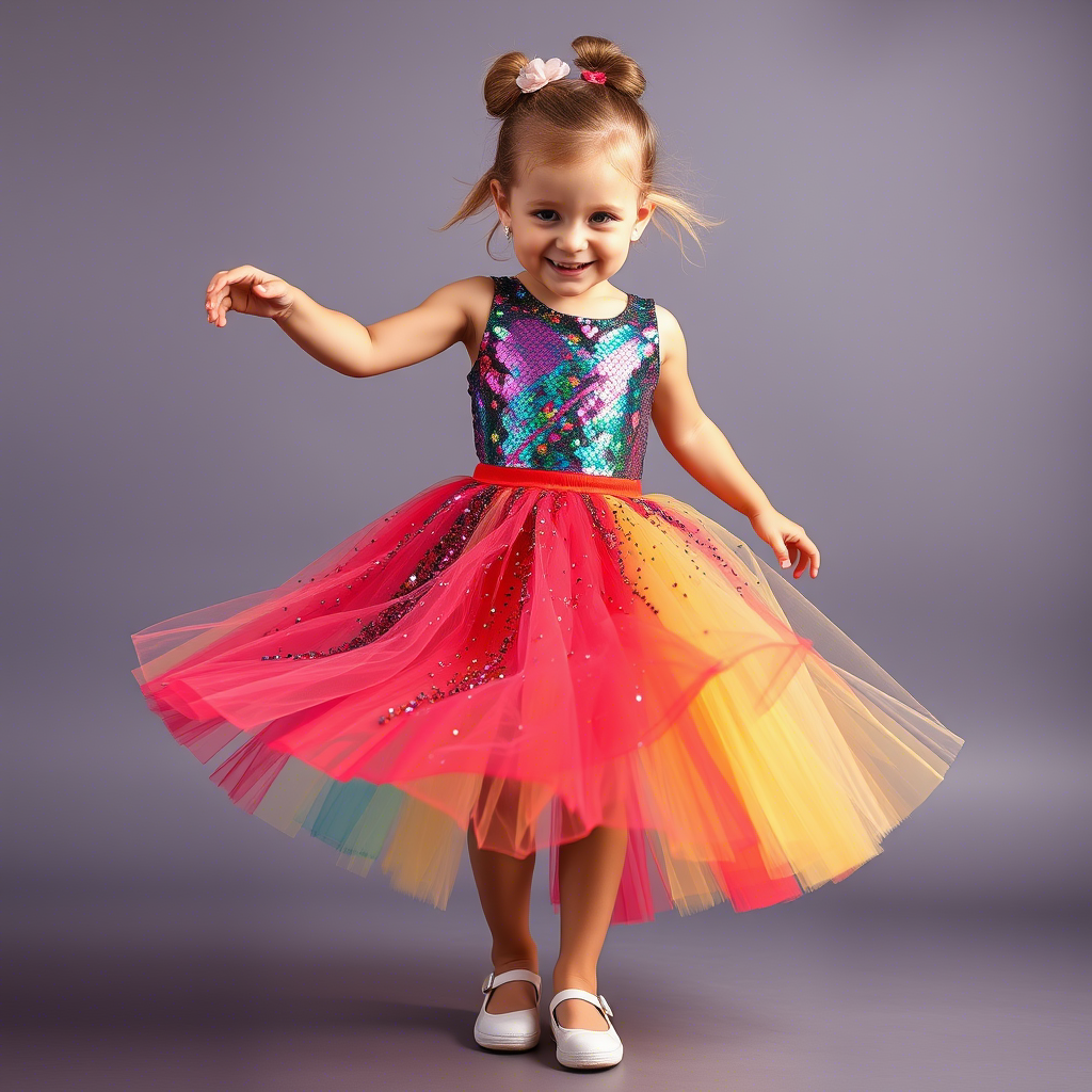 Sequined skirt with rainbow colors, little girl twirling happily