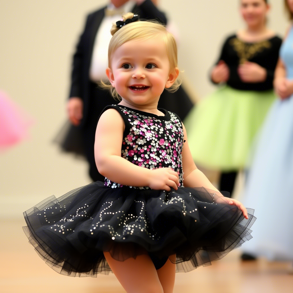 Sequined tutu dress on a smiling toddler at a dance performance