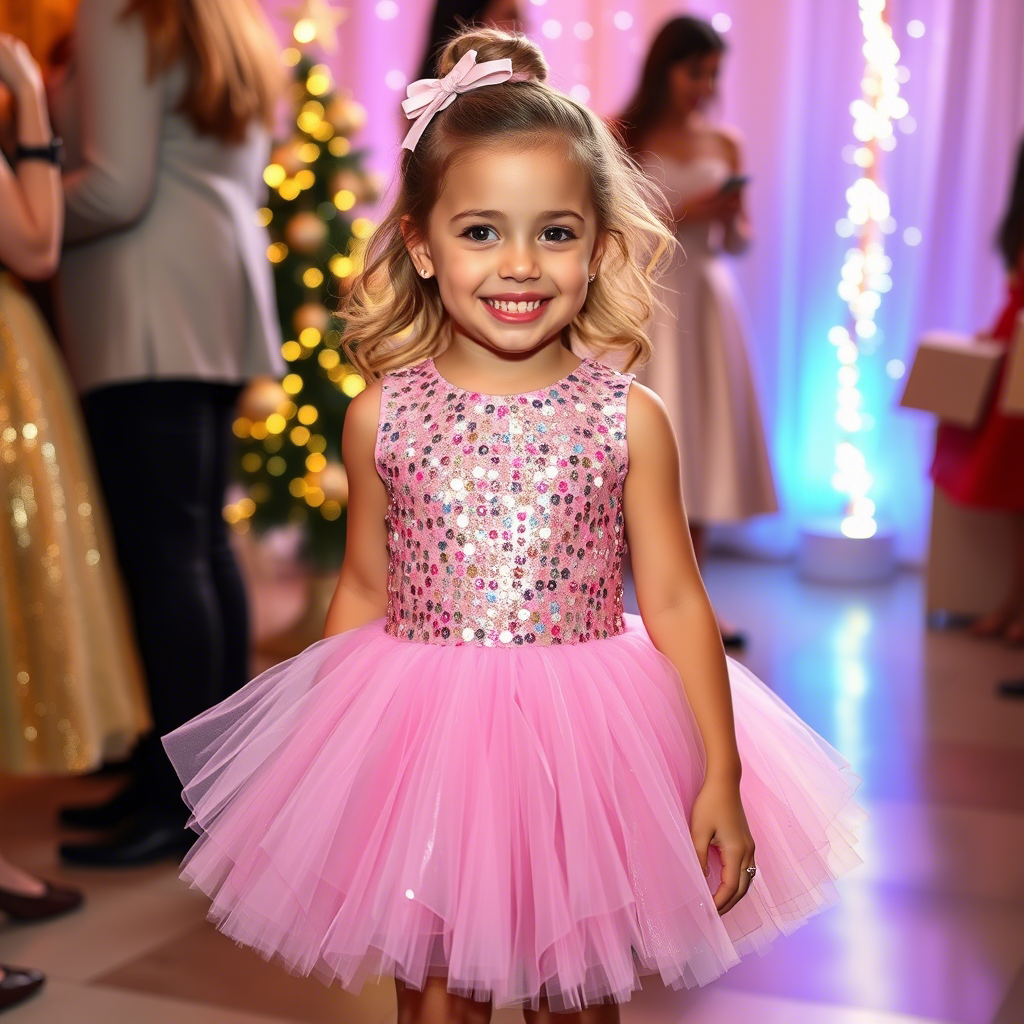 Sequined tutu dress on a smiling young girl at a festive party
