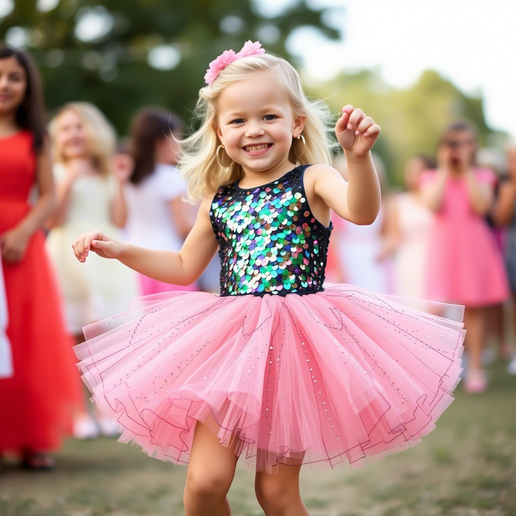 Sequined tutu dress on a smiling young girl dancing outdoors