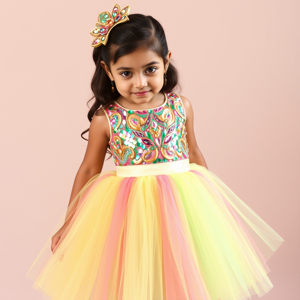 Sequined tutu dress on young girl, vibrant colors and playful style