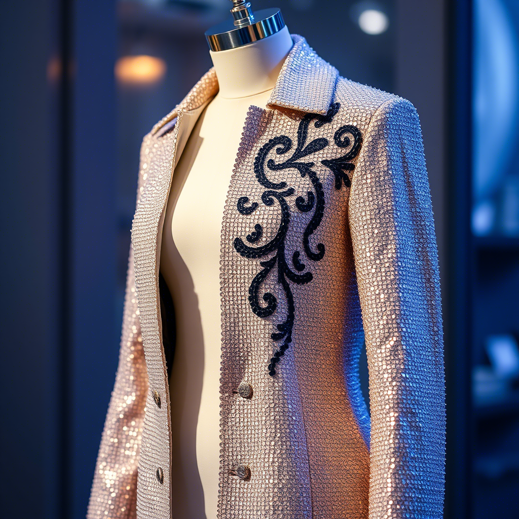 Shimmering coat with intricate sequin design on mannequin