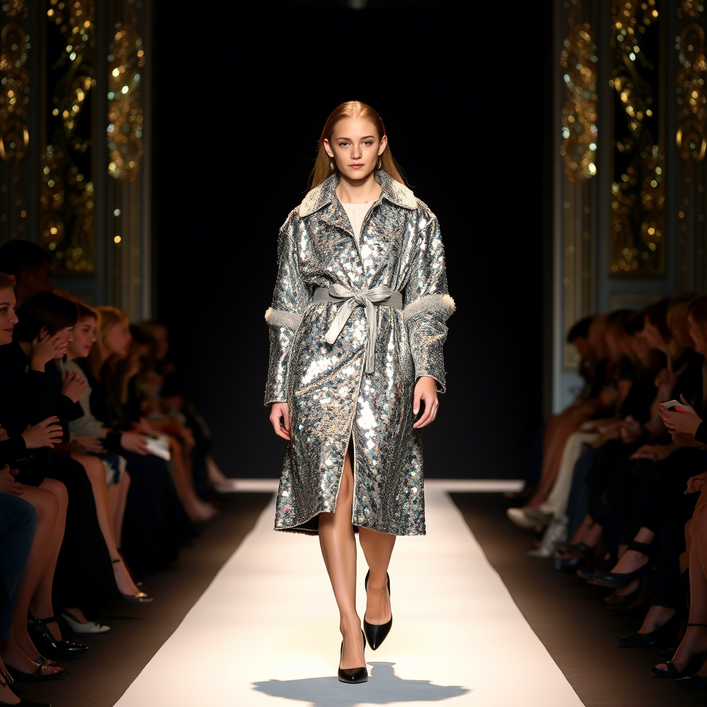 Shimmering sequin coat on young model walking down a fashion runway