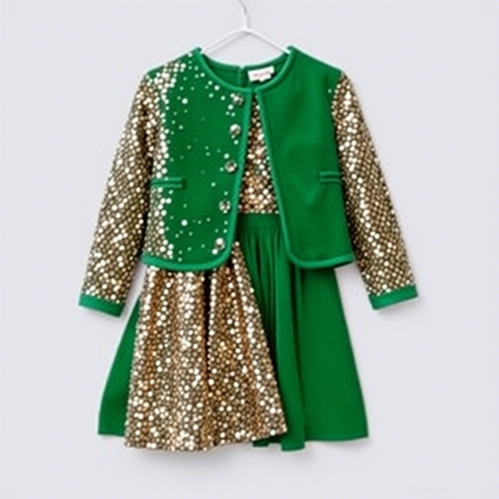 Shimmering sequin dress and jacket combo for a young girl’s festive celebration