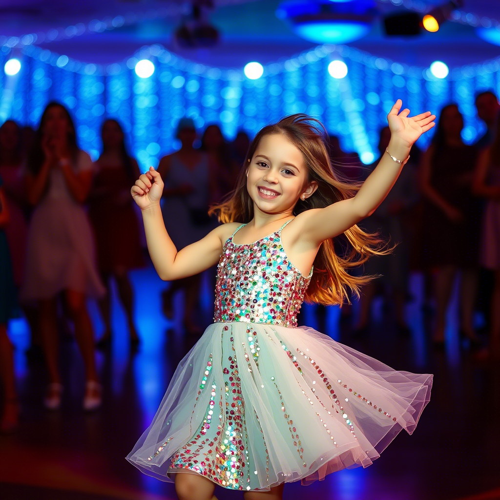 Shimmering sequin dress on a young girl dancing