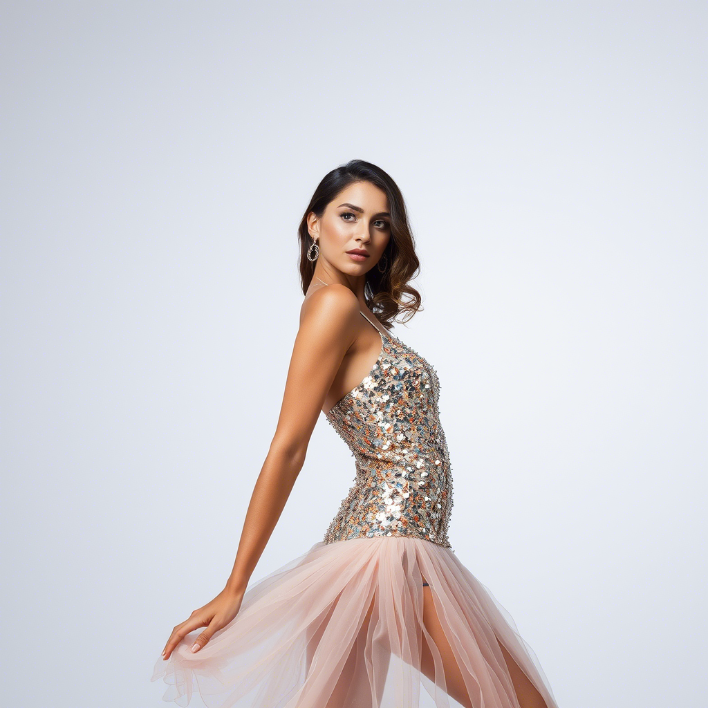 Shimmering sequined dress on a model posing for a photoshoot