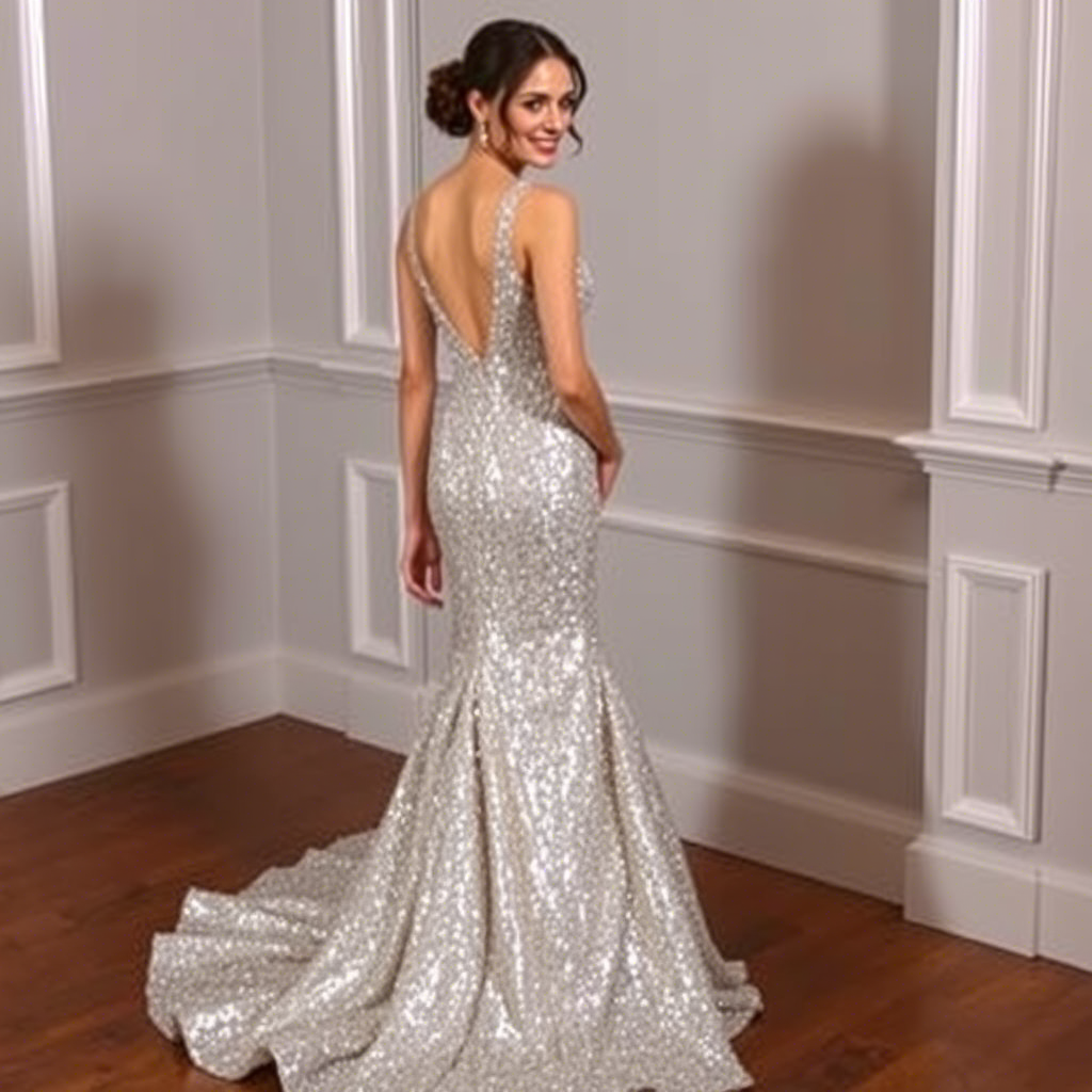 Shimmering silver sequin dress with a flowing train at a wedding