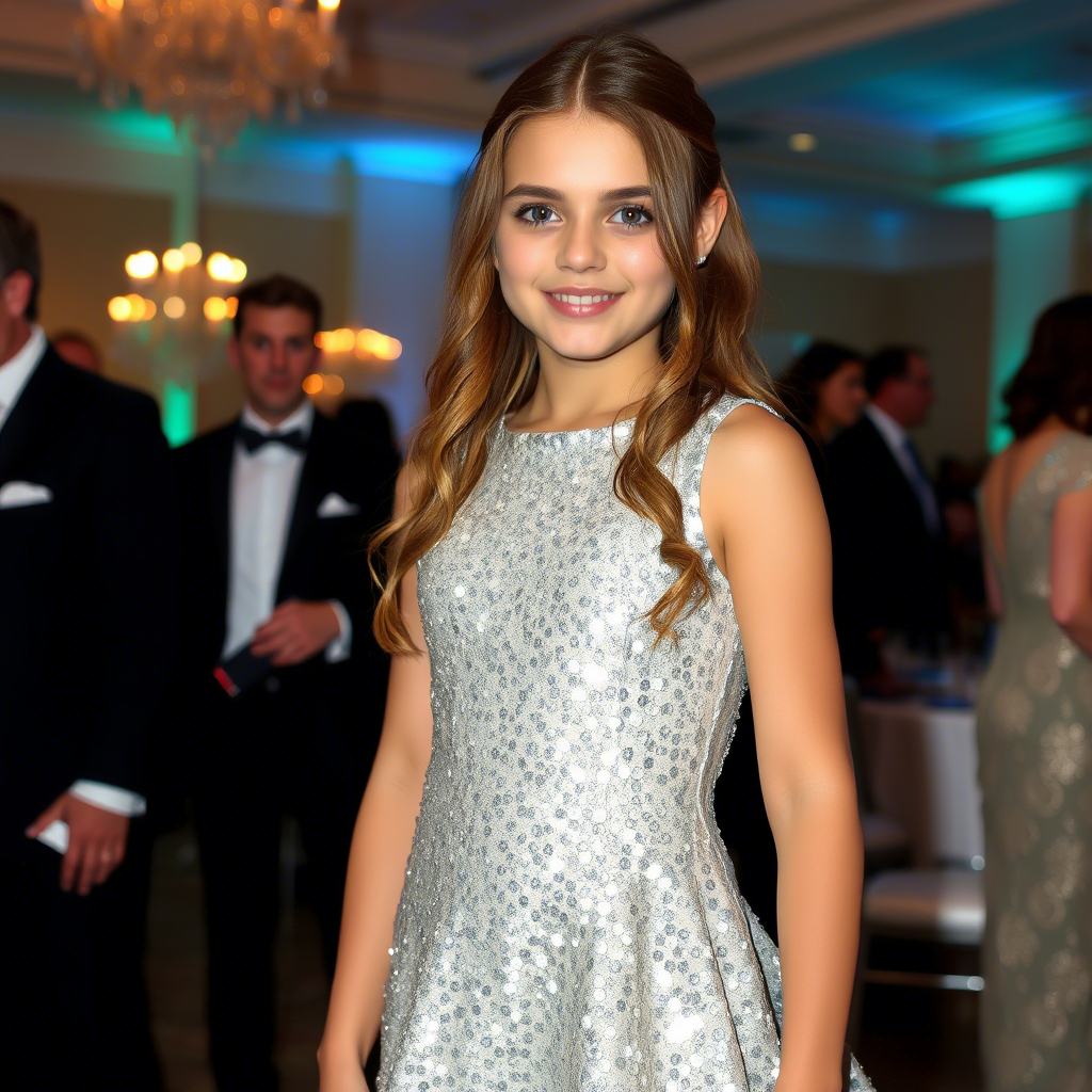 Shimmering silver sequined dress on a girl at a formal gala