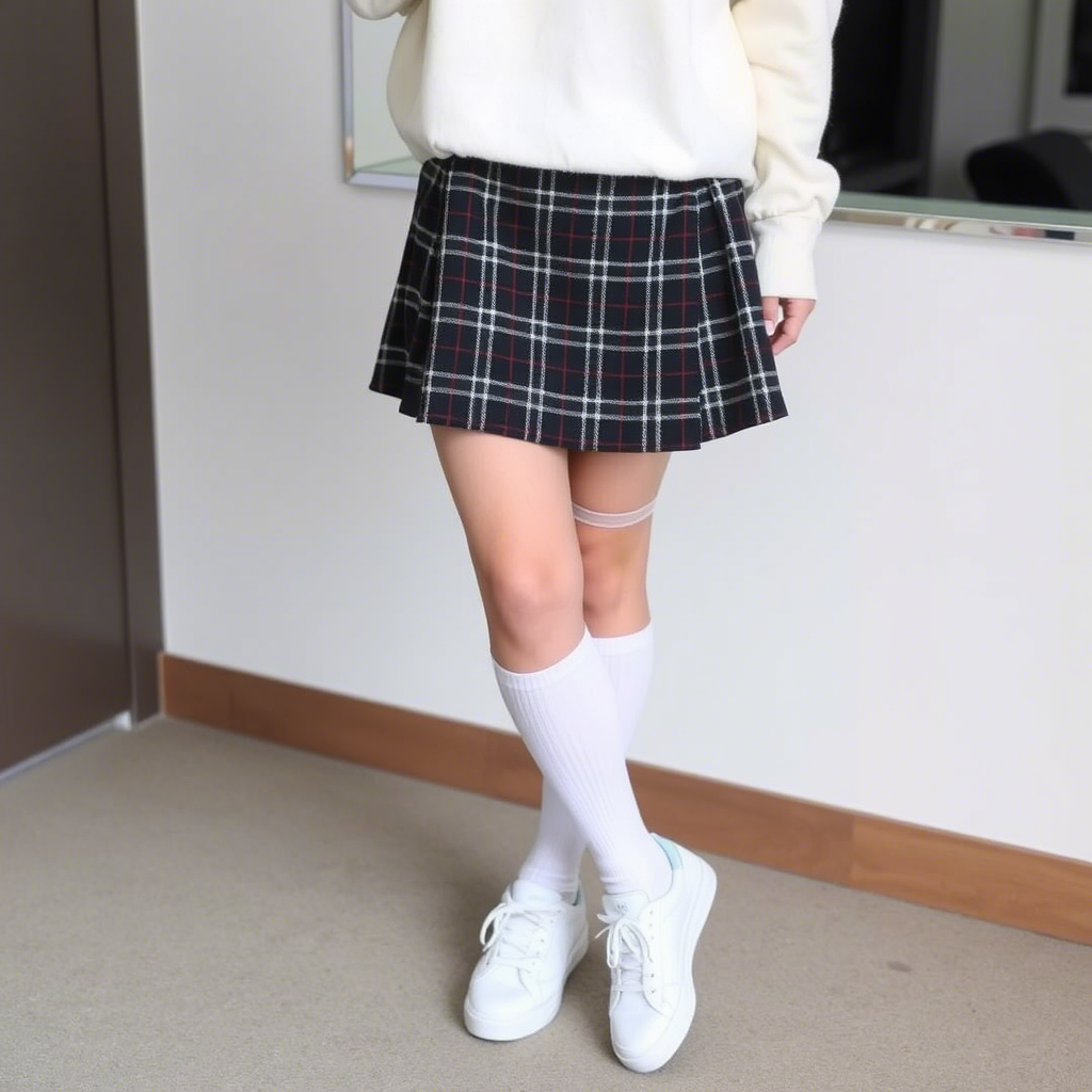 Short plaid skirt with white knee-high socks and sneakers