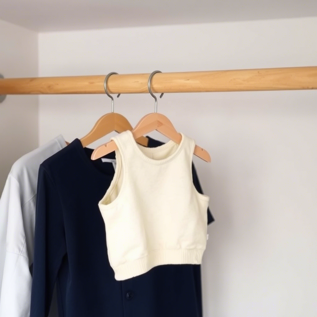 Simple baby apparel hanging on a wooden closet rod