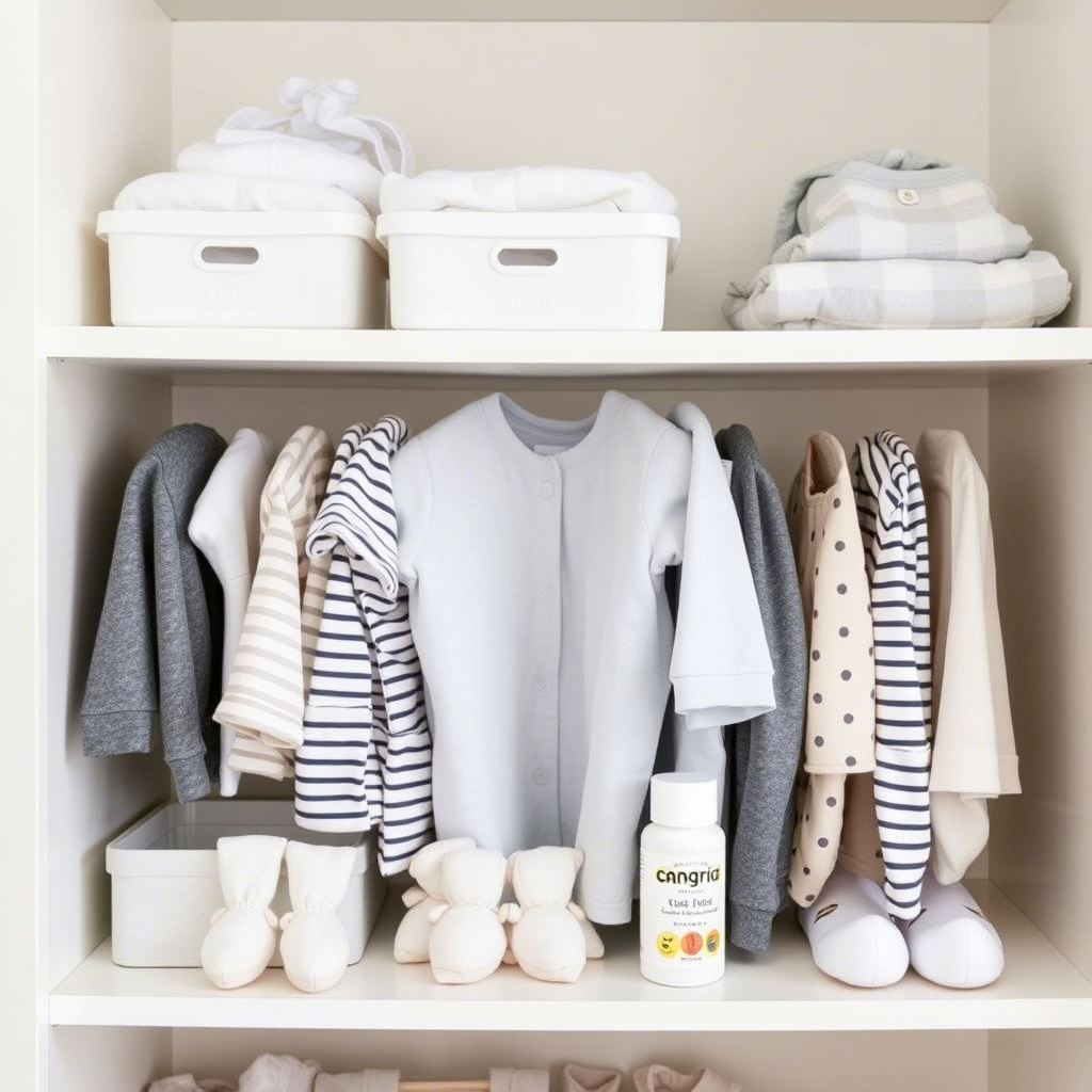 Simple baby wardrobe essentials arranged neatly on a shelf