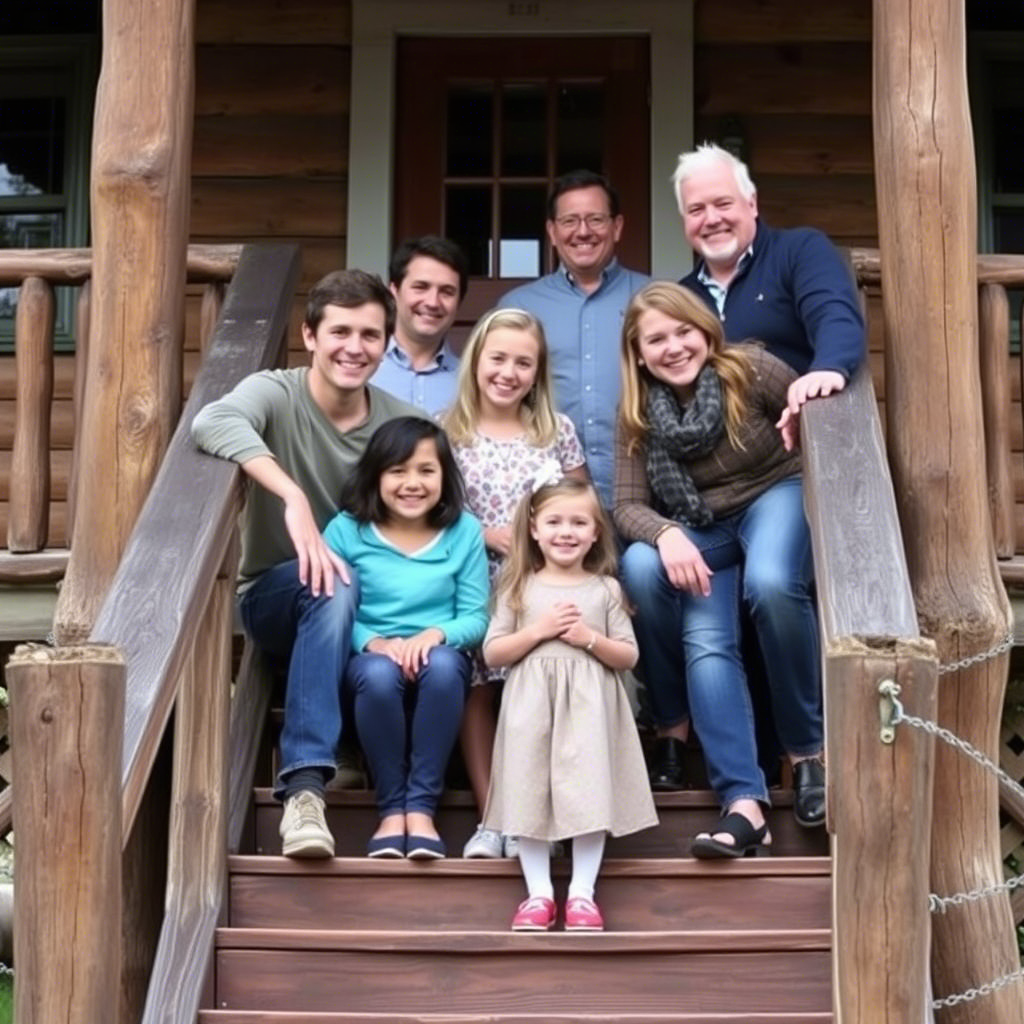 Smiling family members posing on a rustic wooden staircase outdoors