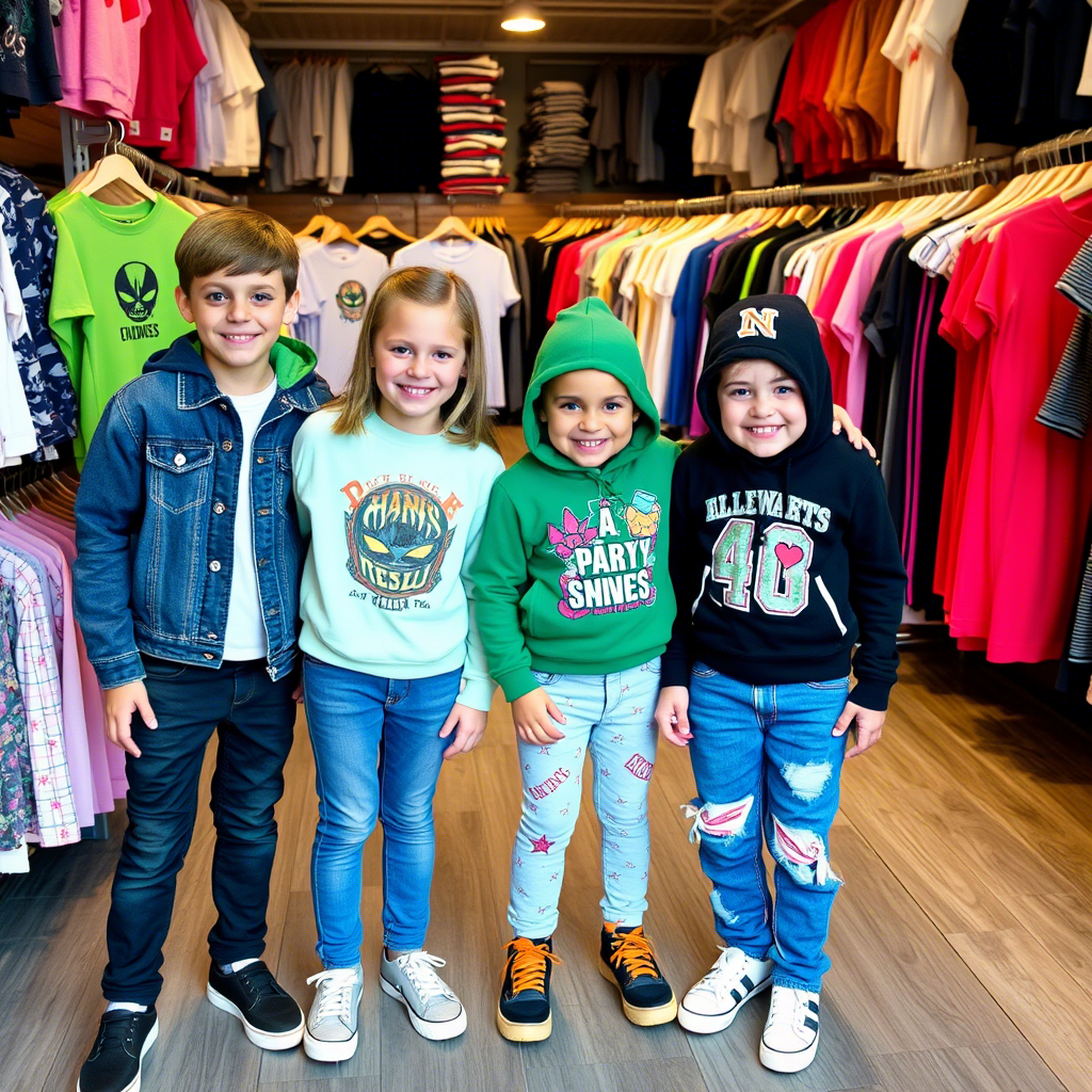 Smiling kids modeling various apparel in a wholesale clothing store