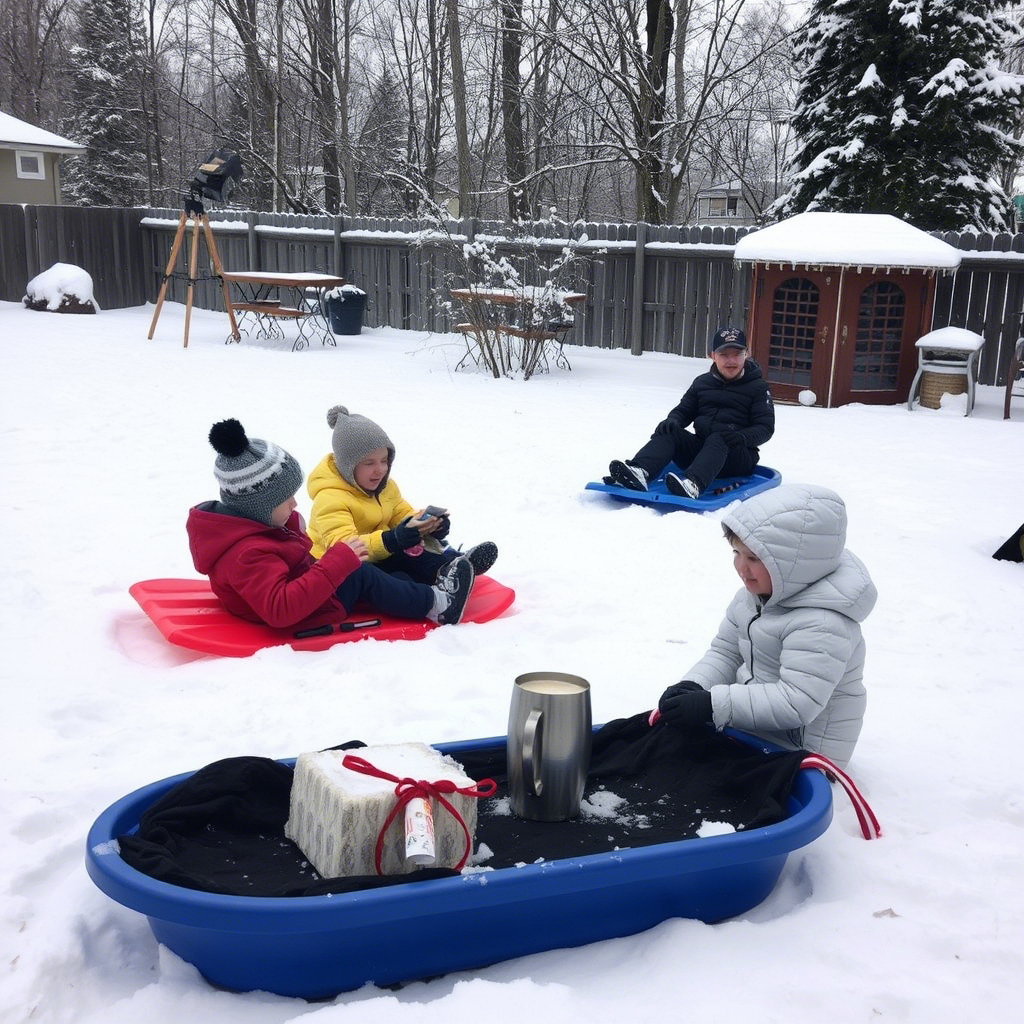Snowy backyard with sleds and hot chocolate setup