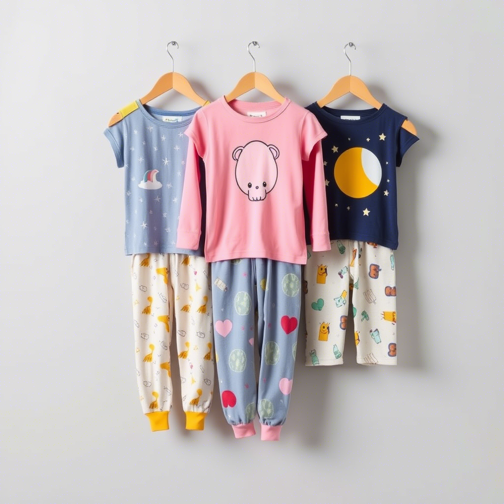 Soft and colorful kids’ sleepwear with fun designs and patterns displayed
