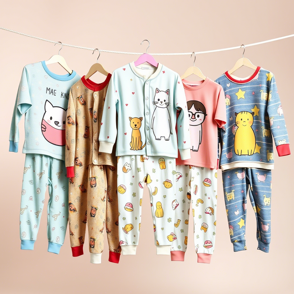 Soft and cozy kids’ pajamas with various cartoon designs on a clothesline