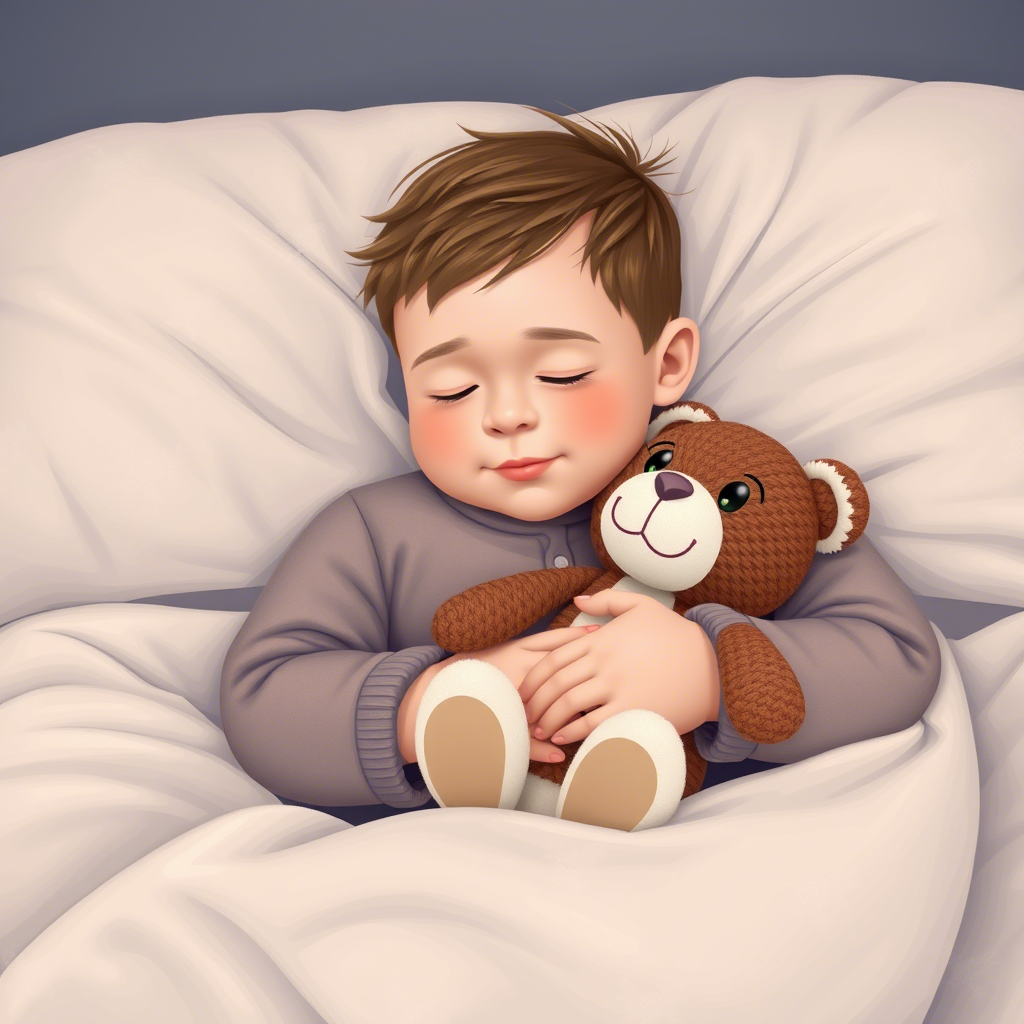Soft boy in cozy pajamas snuggled up with a favorite stuffed animal