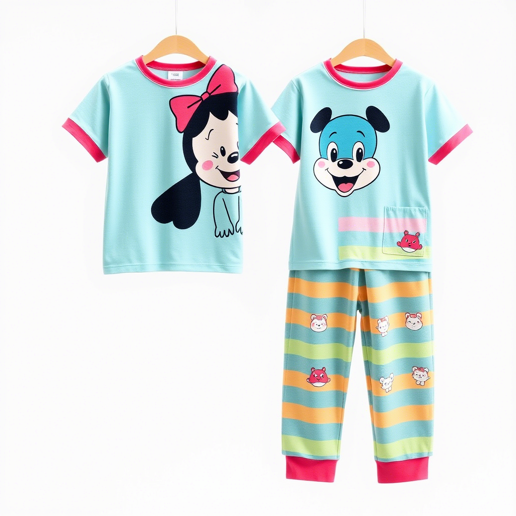 Soft cartoon character kids pajamas set with colorful stripes