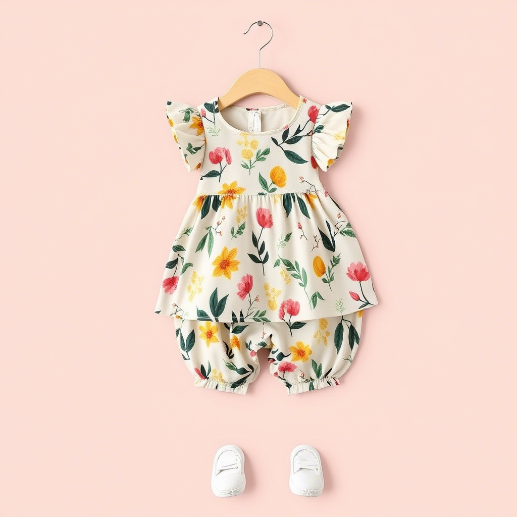 Soft fabric kids' outfit with leaves and flowers print for outdoor adventures